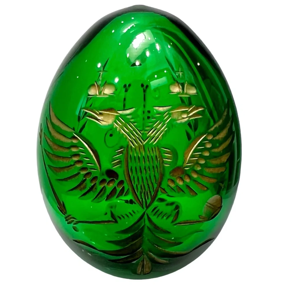 VINTAGE EMERALD GREEN & GOLD CRYSTAL FABEREGE STYLE GLASS EGG FIGURINE